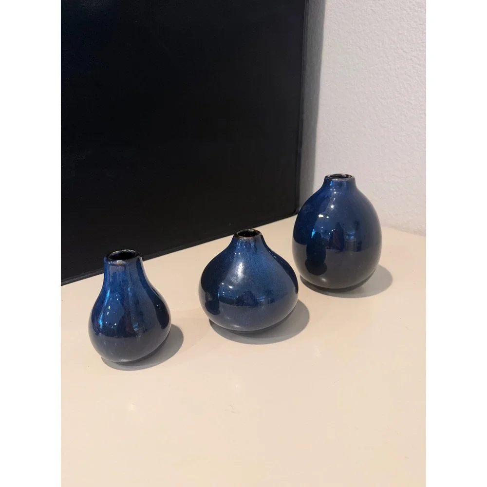 Set of 3 different sizes Cobalt Blue Ceramic Bud Vases Glossy Glaze Minimalist